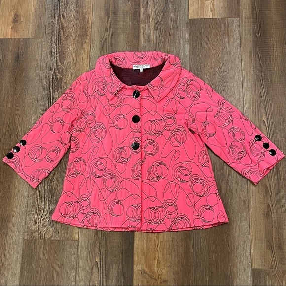 ANDRIA LIEU Francesca Jacket Sz‎ Petite M Pink Black Embroidered Stretch Buttons - Picture 1 of 12